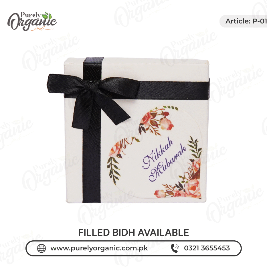 nikkah bidh boxes with ribbon and tag front view - purely organic