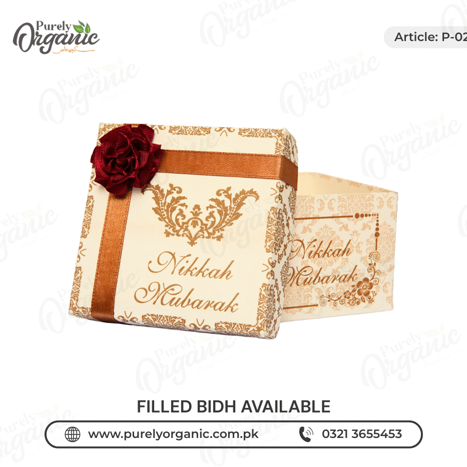 printed square bidh box with flower and customised tag box view - purely organic