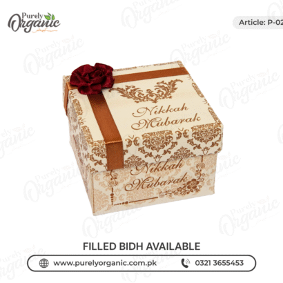 printed square bidh box with flower and customised tag front view - purely organic