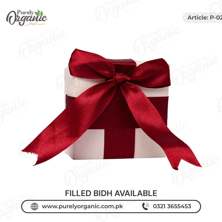 square bid box for nikkah with red ribbon front view - purely organic