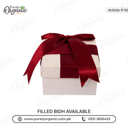 square bid box for nikkah with red ribbon side view - purely organic