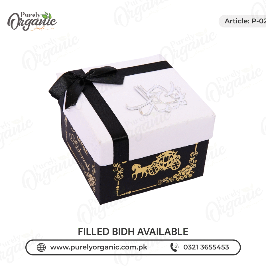 square bid box with black ribbon and nikkah mubarak tag - purely organic