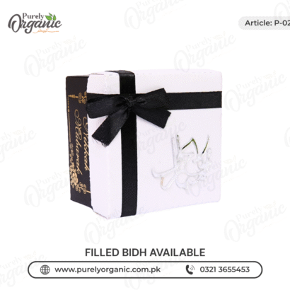 square bid box with black ribbon front view - purely organic