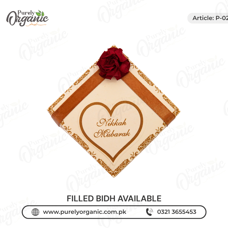 square bidh box with flower and tag printed - purely organic