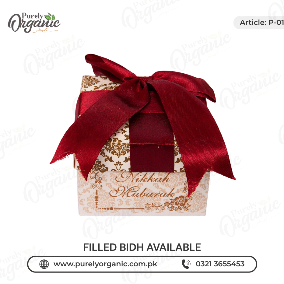 square bidh box with front ribbon bow - purely organic