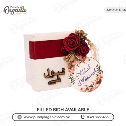 square premium bidh box with flower and tag - purely organic