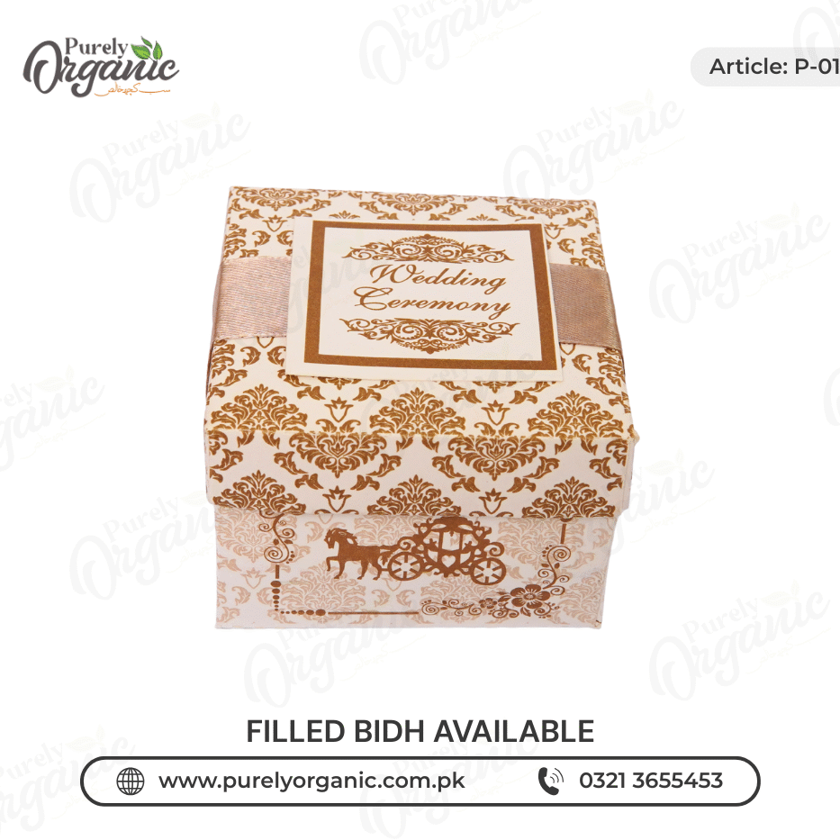square printed bidh box with customised tag - purely organic
